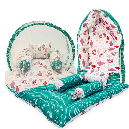 Giggli™ Reversible Baby Bedding Set with Mosquito Net – 6-in-1 Newborn Sleeping Kit (Cloud & Dot Print)