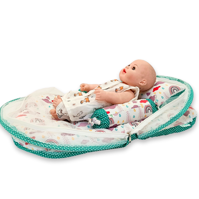 Giggli™ Reversible Baby Bedding Set with Mosquito Net – 6-in-1 Newborn Sleeping Kit (Cloud & Dot Print)