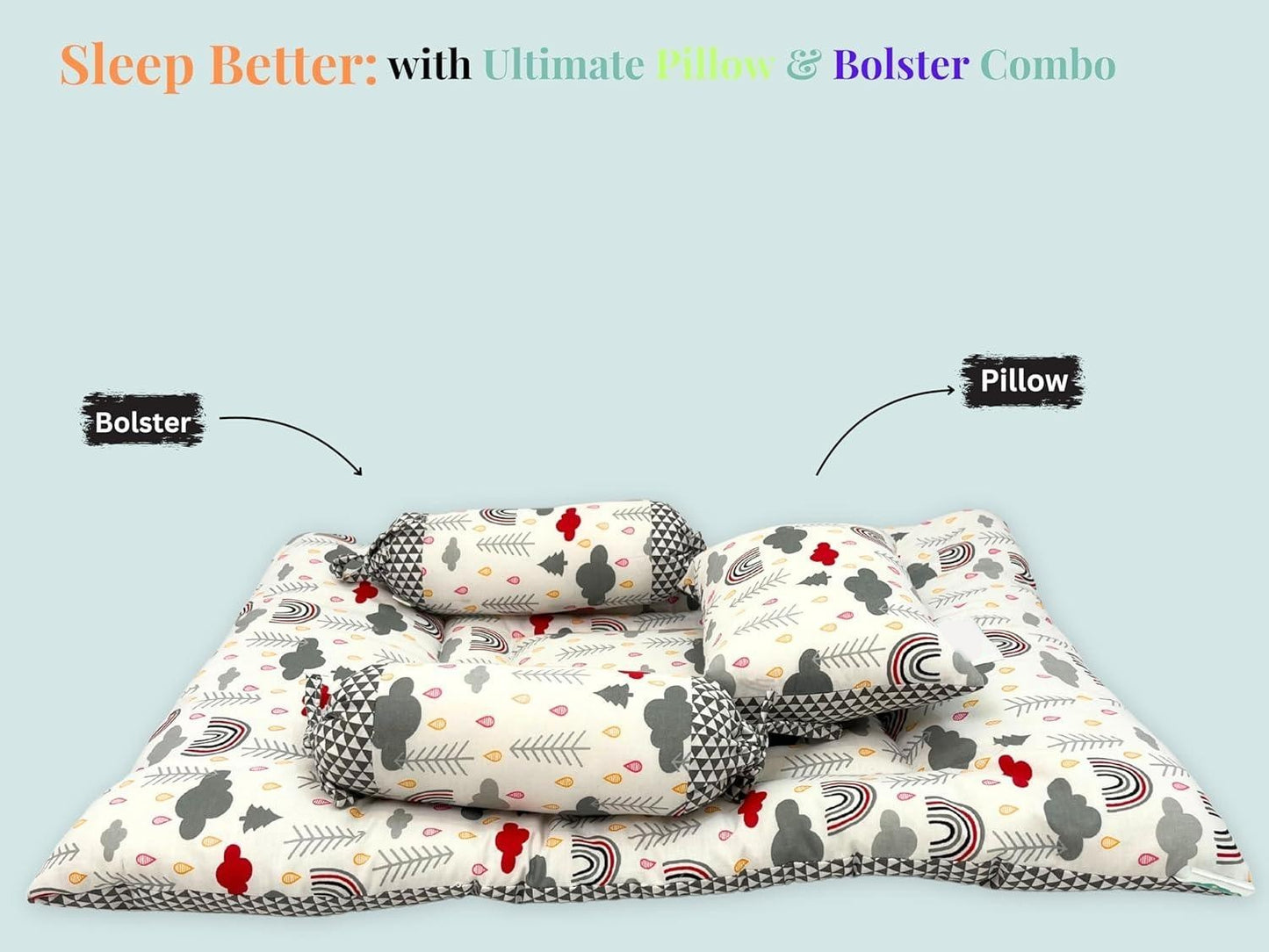 🌈 Giggli™ 5-in-1 Premium Baby Bedding Set with Mosquito Net, Bolster, Pillow & Carry Nest – Cloud & Rainbow Design