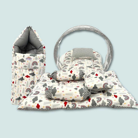 🌈 Giggli™ 5-in-1 Premium Baby Bedding Set with Mosquito Net, Bolster, Pillow & Carry Nest – Cloud & Rainbow Design