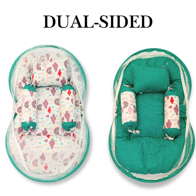 Giggli™ Reversible Baby Bedding Set with Mosquito Net – 6-in-1 Newborn Sleeping Kit (Cloud & Dot Print)
