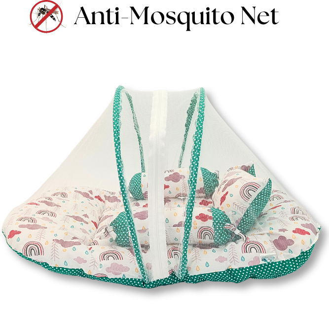 Giggli™ Reversible Baby Bedding Set with Mosquito Net – 6-in-1 Newborn Sleeping Kit (Cloud & Dot Print)
