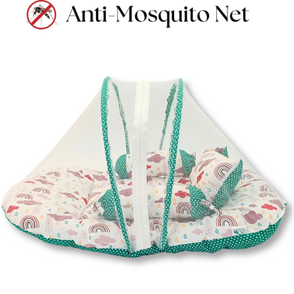 Giggli™ Reversible Baby Bedding Set with Mosquito Net – 6-in-1 Newborn Sleeping Kit (Cloud & Dot Print)