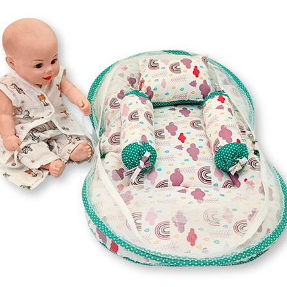 Giggli™ Reversible Baby Bedding Set with Mosquito Net – 6-in-1 Newborn Sleeping Kit (Cloud & Dot Print)