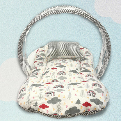 🌈 Giggli™ 5-in-1 Premium Baby Bedding Set with Mosquito Net, Bolster, Pillow & Carry Nest – Cloud & Rainbow Design
