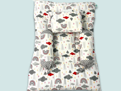 🌈 Giggli™ 5-in-1 Premium Baby Bedding Set with Mosquito Net, Bolster, Pillow & Carry Nest – Cloud & Rainbow Design